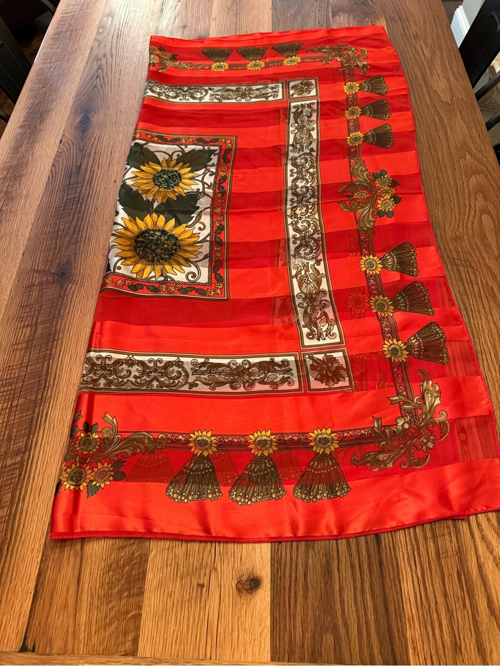 Sunflower Print Red Silk Scarf